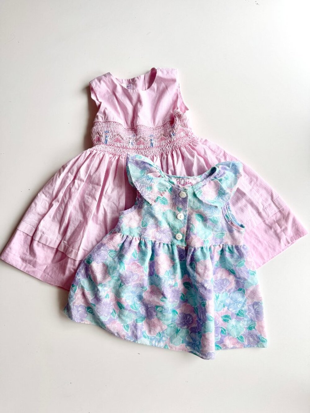 Lot of 2 Vintage Baby Girl Dresses - RODEL MEIER Pink & CHUCKLES Blue, Size 2